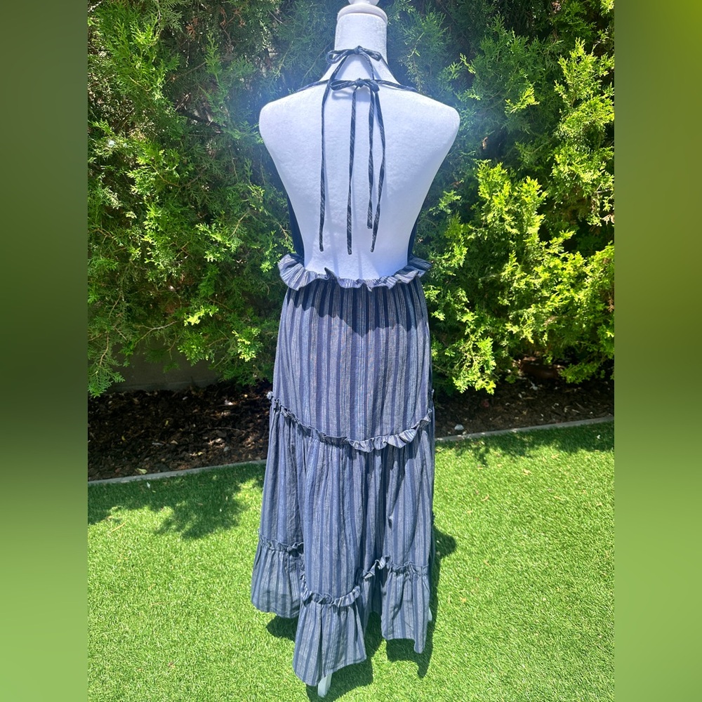Lulu's Vacay Babe Navy Blue Striped Ruffled Tiered Halter Maxi Dress NWOT - Picture 3 of 6